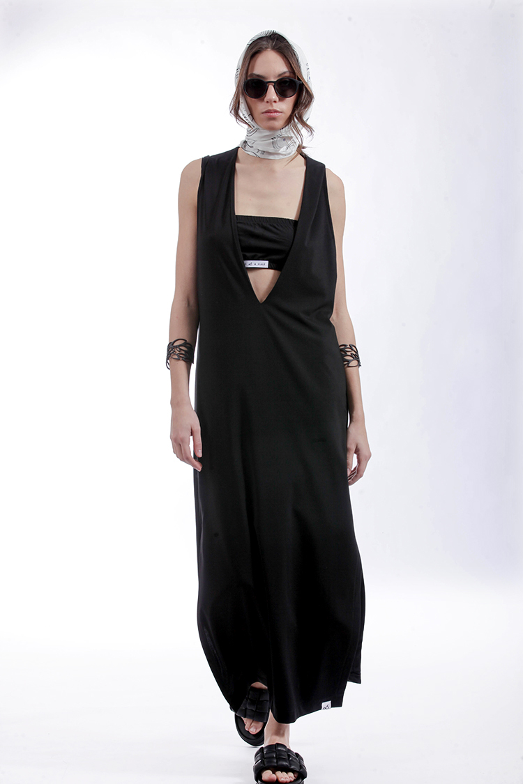 SLEEVELESS V-NECK DRESS WITH STRAPLESS TOP